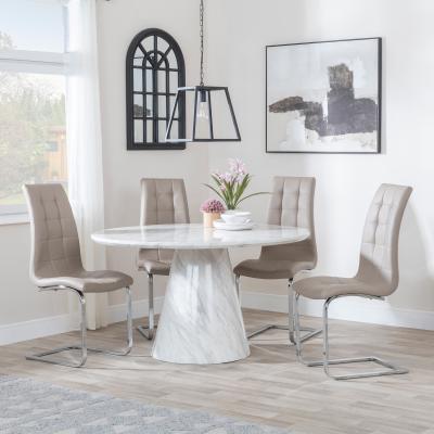 Carrera 4 Seater White Marble Round Dining Set 4 Jamison Beige Faux Leather Dining Chair