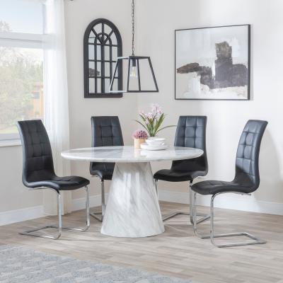 Carrera 4 Seater White Marble Round Dining Set 4 Jamison Black Faux Leather Dining Chair