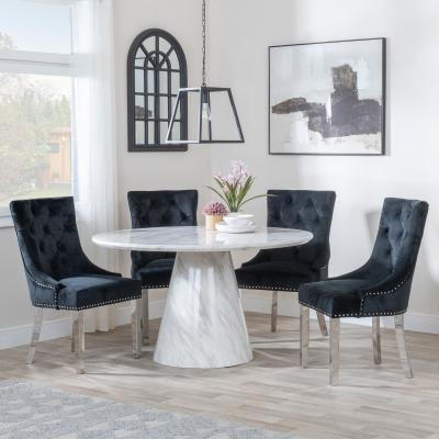 Carrera 4 Seater White Marble Round Dining Set 4 Knocker Back Black Velvet Fabric Dining Chair With Chrome Legs