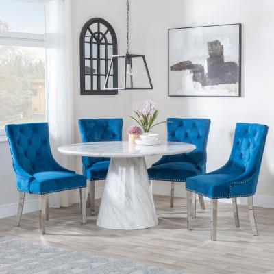 Carrera 4 Seater White Marble Round Dining Set 4 Knocker Back Blue Velvet Fabric Dining Chair With Chrome Legs