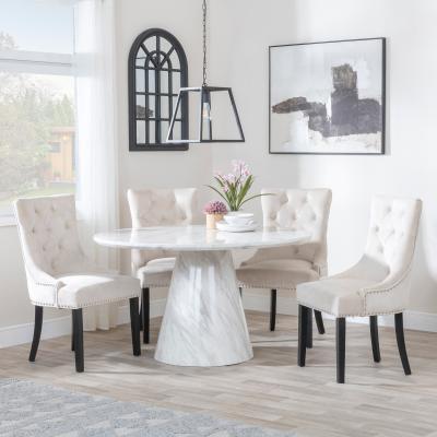 Carrera 4 Seater White Marble Round Dining Set 4 Knocker Back Champagne Velvet Fabric Dining Chair With Black Wooden Legs