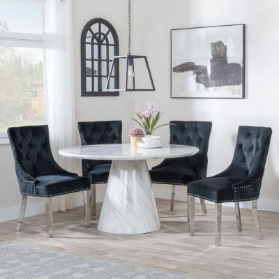 Carrera 4 Seater White Marble Round Dining Set 4 Lion Knocker Back Black Velvet Fabric Dining Chair With Chrome Legs