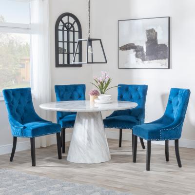 Carrera 4 Seater White Marble Round Dining Set 4 Lion Knocker Back Blue Velvet Fabric Dining Chair With Black Wooden Legs