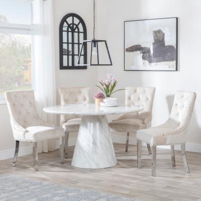 Carrera 4 Seater White Marble Round Dining Set 4 Lion Knocker Back Champagne Velvet Fabric Dining Chair With Chrome Legs