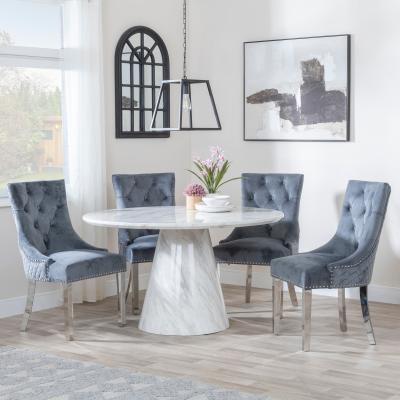 Carrera 4 Seater White Marble Round Dining Set 4 Lion Knocker Back Grey Velvet Fabric Dining Chair With Chrome Legs