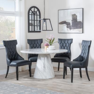 Carrera 4 Seater White Marble Round Dining Set 4 Mimi Black Leather Dining Chair