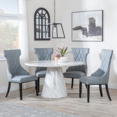 Carrera 4 Seater White Marble Round Dining Set 4 Mimi Grey Leather Dining Chair