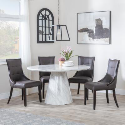 Carrera 4 Seater White Marble Round Dining Set 4 Paris Brown Leather Dining Chair With Brown Legs