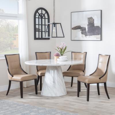 Carrera 4 Seater White Marble Round Dining Set 4 Paris Taupe Leather Dining Chair With Brown Legs