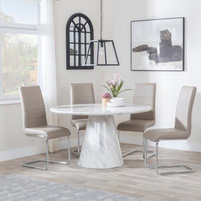 Carrera 4 Seater White Marble Round Dining Set 4 Roma Beige Faux Leather Dining Chair