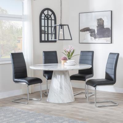 Carrera 4 Seater White Marble Round Dining Set 4 Roma Black Faux Leather Dining Chair