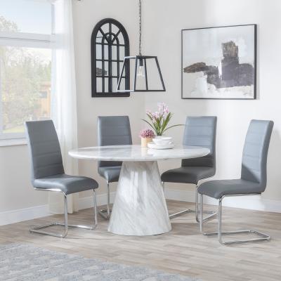 Carrera 4 Seater White Marble Round Dining Set 4 Roma Grey Faux Leather Dining Chair