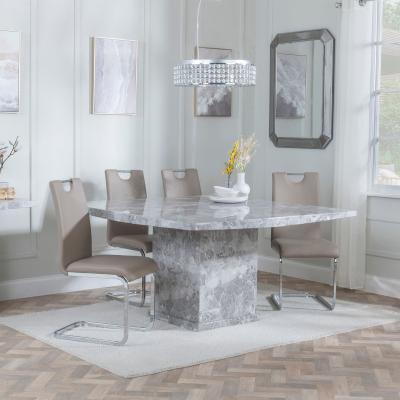 Turin Square Grey Marble Dining Set Bianco Beige Faux Leather Dining Chair