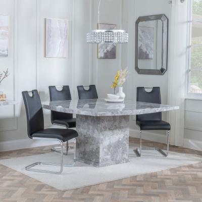 Turin Square Grey Marble Dining Set Bianco Black Faux Leather Dining Chair