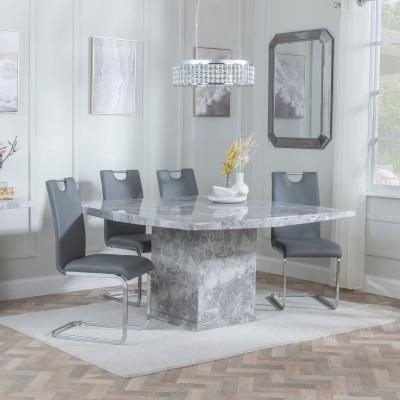 Turin Square Grey Marble Dining Set Bianco Grey Faux Leather Dining Chair