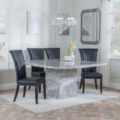 Turin Square Grey Marble Dining Set Cadiz Black Leather Dining Chair