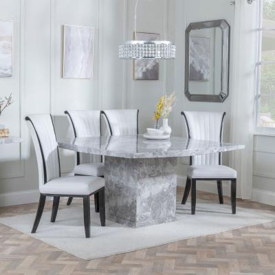 Turin Square Grey Marble Dining Set Cadiz White Leather Dining Chair