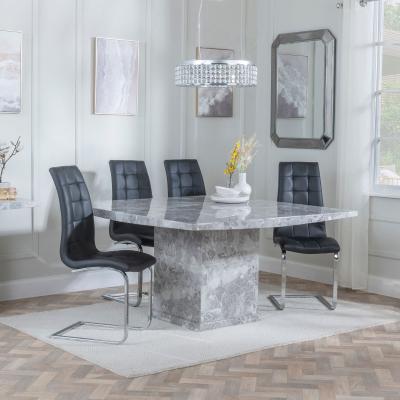 Turin Square Grey Marble Dining Set Jamison Black Faux Leather Dining Chair