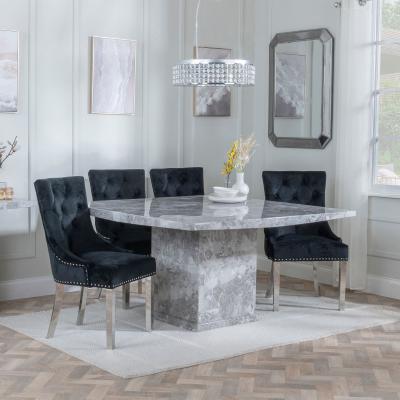 Turin Square Grey Marble Dining Set Knocker Back Black Velvet Fabric Dining Chair With Chrome Legs