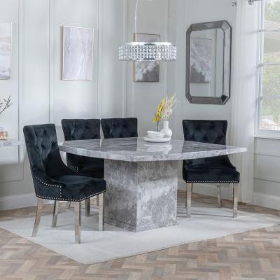 Turin Square Grey Marble Dining Set Lion Knocker Back Black Velvet Fabric Dining Chair With Chrome Legs