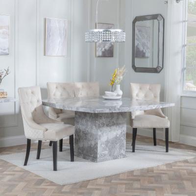 Turin Square Grey Marble Dining Set Lion Knocker Back Champagne Velvet Fabric Dining Chair With Black Wooden Legs