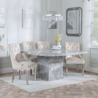 Turin Square Grey Marble Dining Set Lion Knocker Back Champagne Velvet Fabric Dining Chair With Chrome Legs