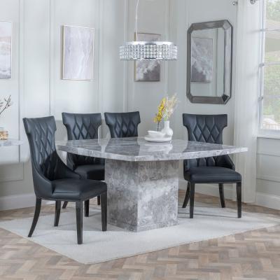 Turin Square Grey Marble Dining Set Mimi Black Leather Dining Chair