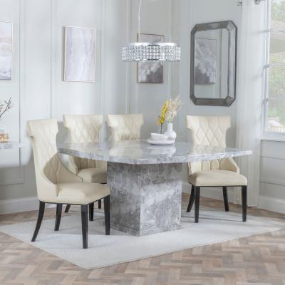 Turin Square Grey Marble Dining Set Mimi Cream Leather Dining Chair