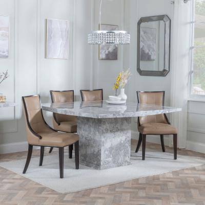 Turin Square Grey Marble Dining Set Paris Taupe Leather Dining Chair With Brown Legs