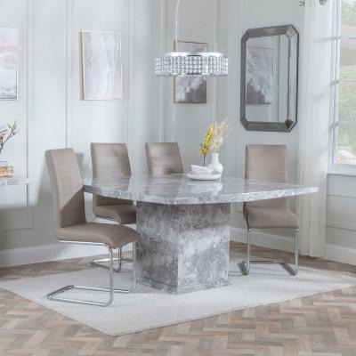 Turin Square Grey Marble Dining Set Roma Beige Faux Leather Dining Chair