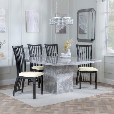 Turin Square Grey Marble Dining Set Athena Walnut High Gloss Slatted Back Dining Chair With Beige Seat Pads