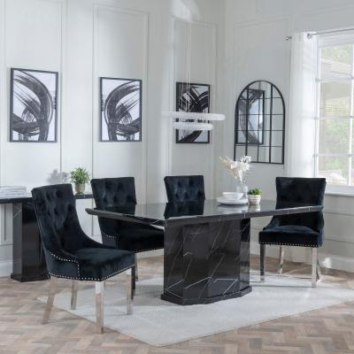 Naples Black Marble Dining Set Knocker Back Black Velvet Fabric Dining Chair With Chrome Legs