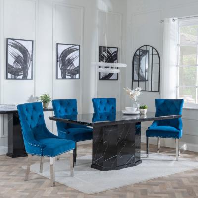 Naples Black Marble Dining Set Knocker Back Blue Velvet Fabric Dining Chair With Chrome Legs