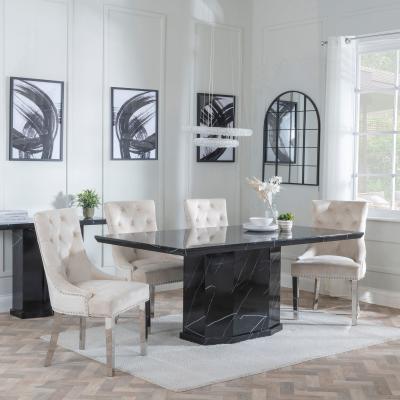 Naples Black Marble Dining Set Knocker Back Champagne Velvet Fabric Dining Chair With Chrome Legs