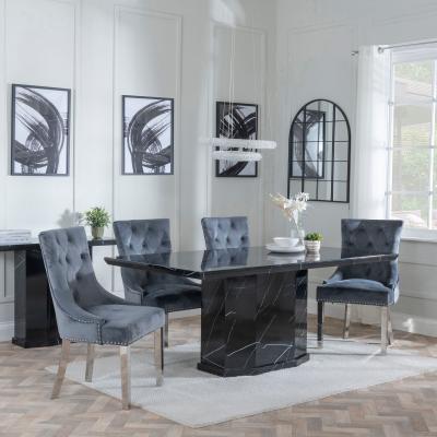 Naples Black Marble Dining Set Knocker Back Grey Velvet Fabric Dining Chair With Chrome Legs