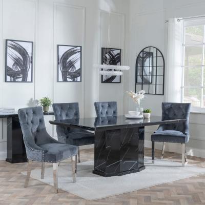 Naples Black Marble Dining Set Lion Knocker Back Grey Velvet Fabric Dining Chair With Chrome Legs