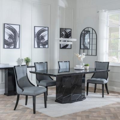 Naples Black Marble Dining Set Paris Grey Leather Dining Chair With Black Legs