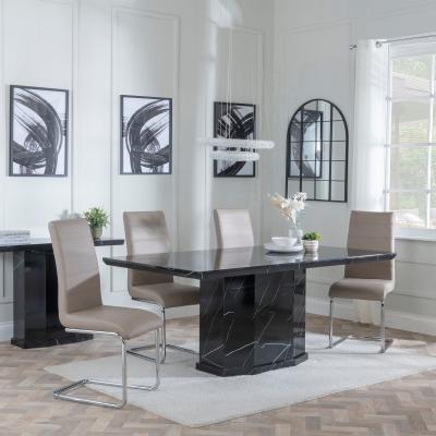 Naples Black Marble Dining Set Roma Beige Faux Leather Dining Chair