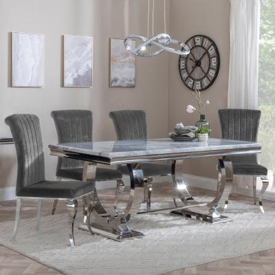 Glacier Grey Marble And Chrome Dining Set Louis Grey Velvet Fabric Dining Chair