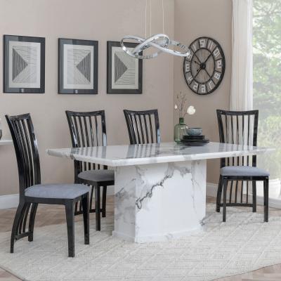 Naples White Marble Dining Set Athena Black High Gloss Slatted Back Dining Chair With Grey Seat Pads