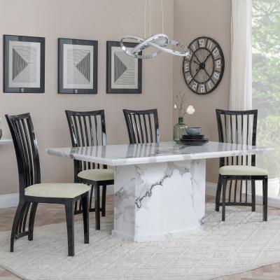 Naples White Marble Dining Set Athena Walnut High Gloss Slatted Back Dining Chair With Beige Seat Pads