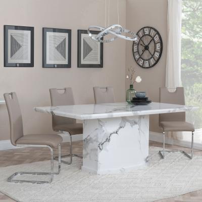 Naples White Marble Dining Set Bianco Beige Faux Leather Dining Chair