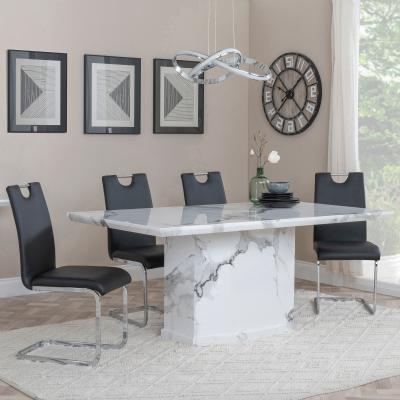 Naples White Marble Dining Set Bianco Black Faux Leather Dining Chair