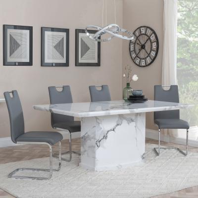 Naples White Marble Dining Set Bianco Grey Faux Leather Dining Chair