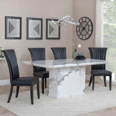 Naples White Marble Dining Set Cadiz Black Leather Dining Chair