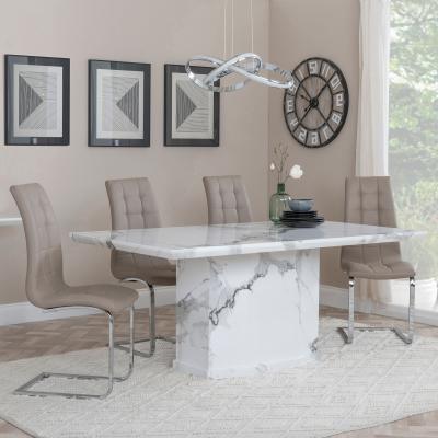 Naples White Marble Dining Set Jamison Beige Faux Leather Dining Chair