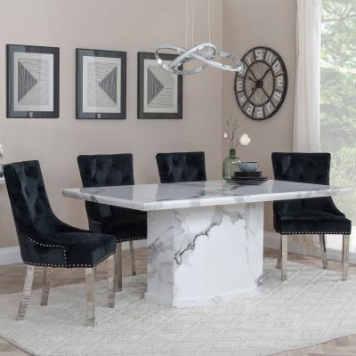 Naples White Marble Dining Set Knocker Back Black Velvet Fabric Dining Chair With Chrome Legs