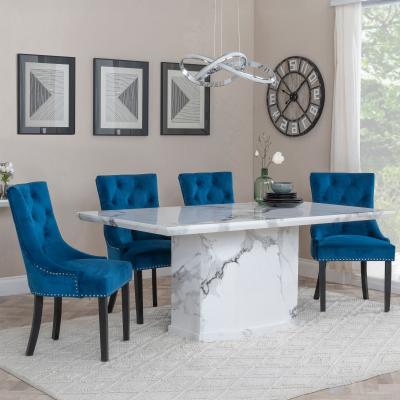 Naples White Marble Dining Set Knocker Back Blue Velvet Fabric Dining Chair With Black Wooden Legs