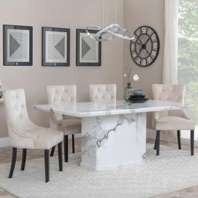 Naples White Marble Dining Set Knocker Back Champagne Velvet Fabric Dining Chair With Black Wooden Legs