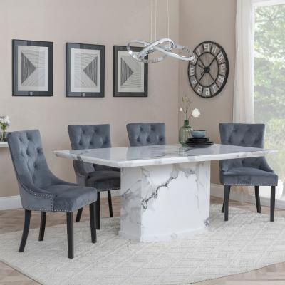 Naples White Marble Dining Set Knocker Back Grey Velvet Fabric Dining Chair With Black Wooden Legs